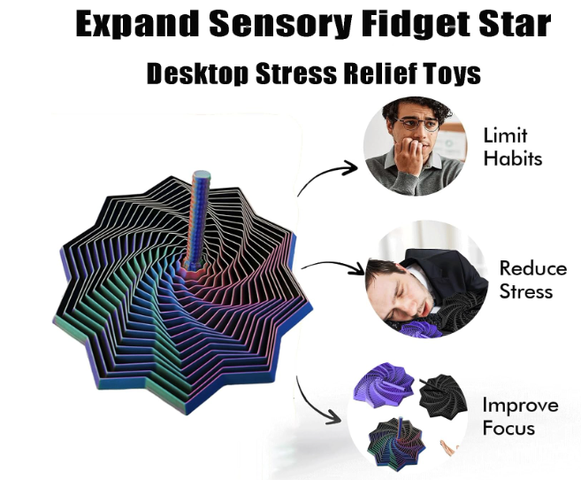 2 PCS 3D Printed Sensory Fidget Star with Handles, Colorful Fractal Expanded Fidgets Hexagon Whirling Spiral Star Shaped Toys for Office Desktop Decompression Toys Stress Relief Whirling Spiral