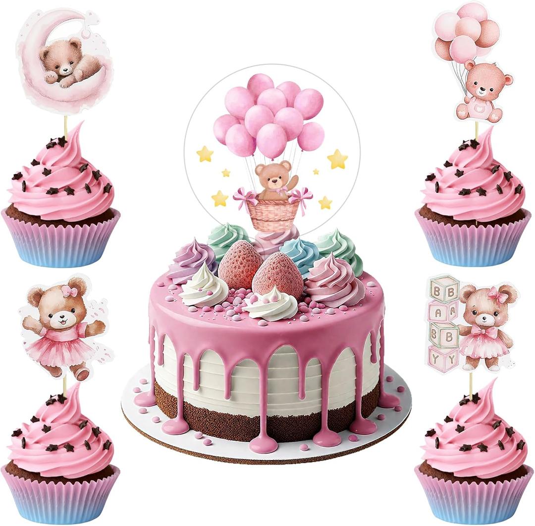 25PCS Moon Baby Bear Cupcake Topper and Bear Acrylic Cake Topper, Jungle Animal Theme Cupcake Party Supplies for Baby Shower Decorations Newborn Party Supplies (Pink)