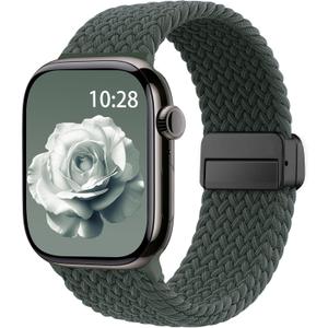 Braided Stretchy Band Compatible with Apple Watch Bands Women Men, Soft Nylon Solo Loop Magnetic Sport Strap for iWatch Series Dark Olive, 38mm/40mm/41mm/(42mm-Series 11 10)