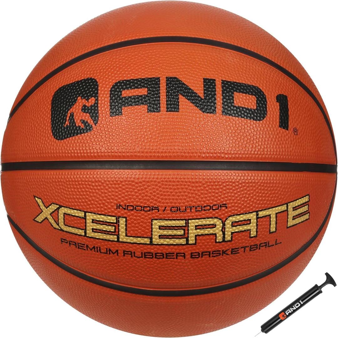 AND1 Xcelerate Rubber Basketball: Official Regulation Size 7 (29.5") - Deep Channel Construction Streetball, Made for Indoor Outdoor (Orange Classic)