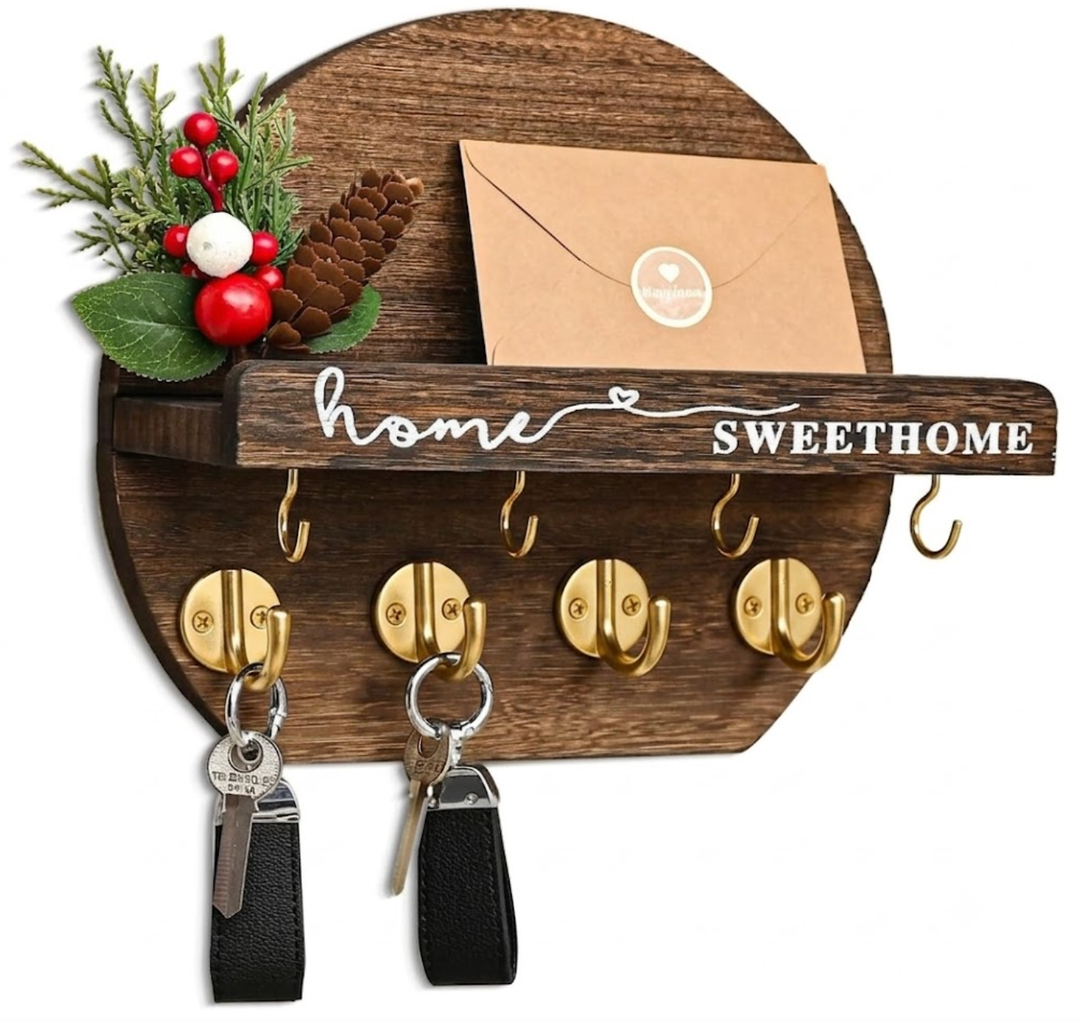 LEIRUOTM Key Holder for Wall, Key and Mail Holder Organizer with - Key Holder Wall Mount - Round Wooden Rustic Home Decor for Entryway, Mudroom, Hallway, Kitchen Office (Brown&Gold)