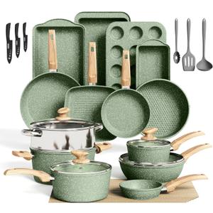 30 Piece Pots and Pans Set Non Stick, Nonstick Induction Granite Kitchen Cookware Sets, Induction Cookware and Bakeware Set, Nonstick Granite Cooking Set, Pan Sets for Cooking, Green