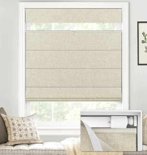LazBlinds No Tools No Drill TDBU Cordless Roman Shades for Window, Thermal Insulated UV Blocking, 100% Blackout Fabric Blinds for Bedroom & Living Room, 39" W x 64" H, Blackout - Beige