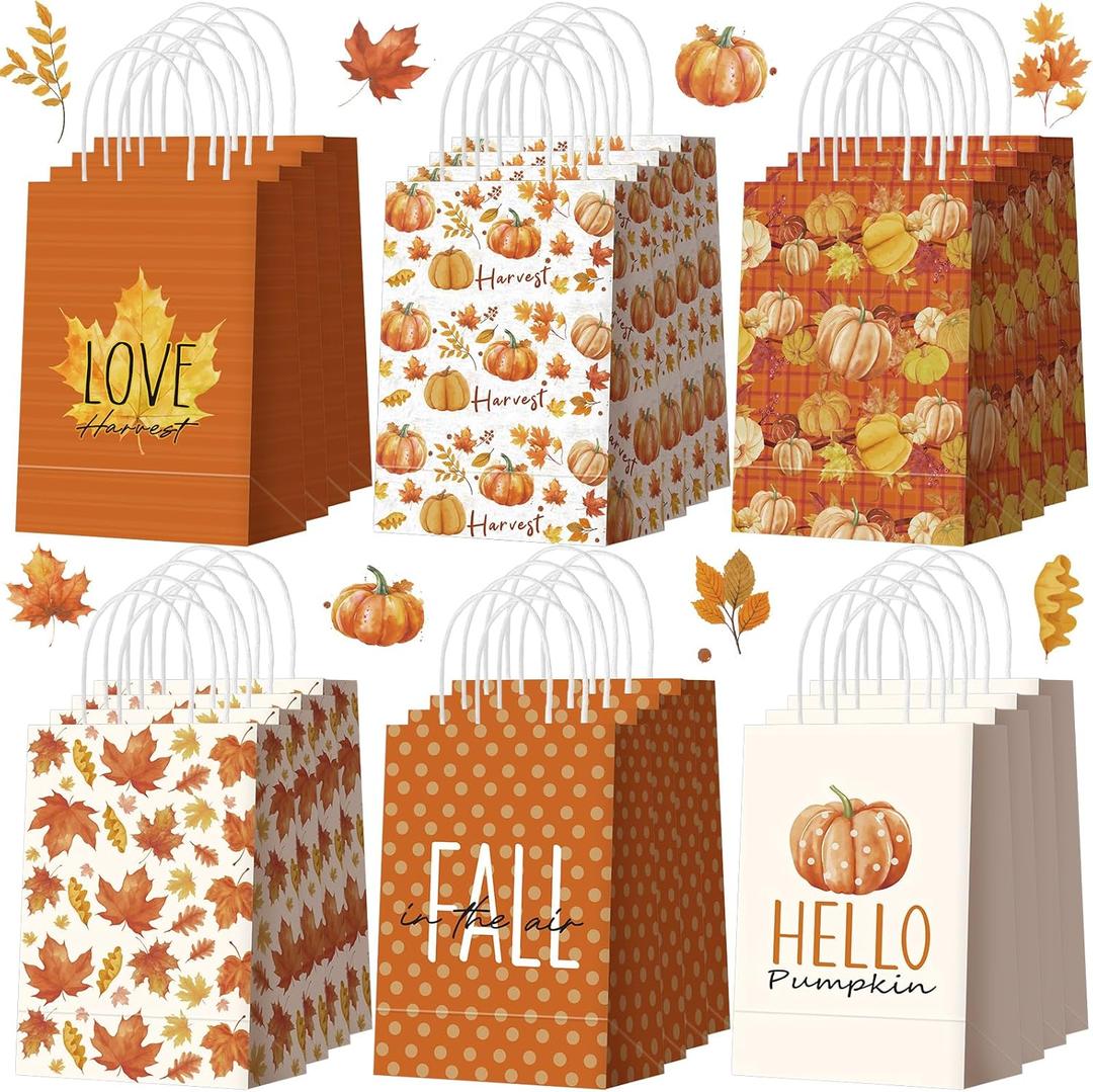 Kolldenn 24 Pcs Thanksgiving Party Favors Bags Fall Gift Goodie Paper Bags with Handles Autumn Maple Leaf Pumpkin Pouch for Thanksgiving Party Decorations Supplies