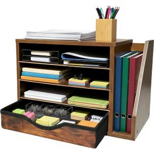 Wooden Desk Organizer with Drawers, Office Organizers, 4 Tier Desk Organizer and Accessories, Paper File Mail Organizer, Brown