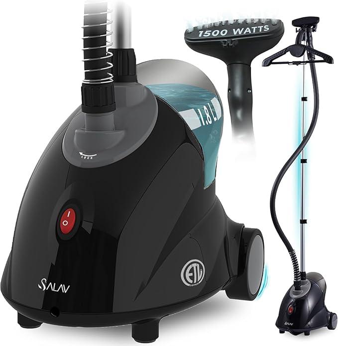 SALAV® GS18-DJ Standing Garment Steamer with Roll Wheels for Easy Movement, 1.8L Water Tank for 1 Hour Continuous Steaming, Adjustable Pole for Storage, Includes Descaler Packet, 1500 watts 