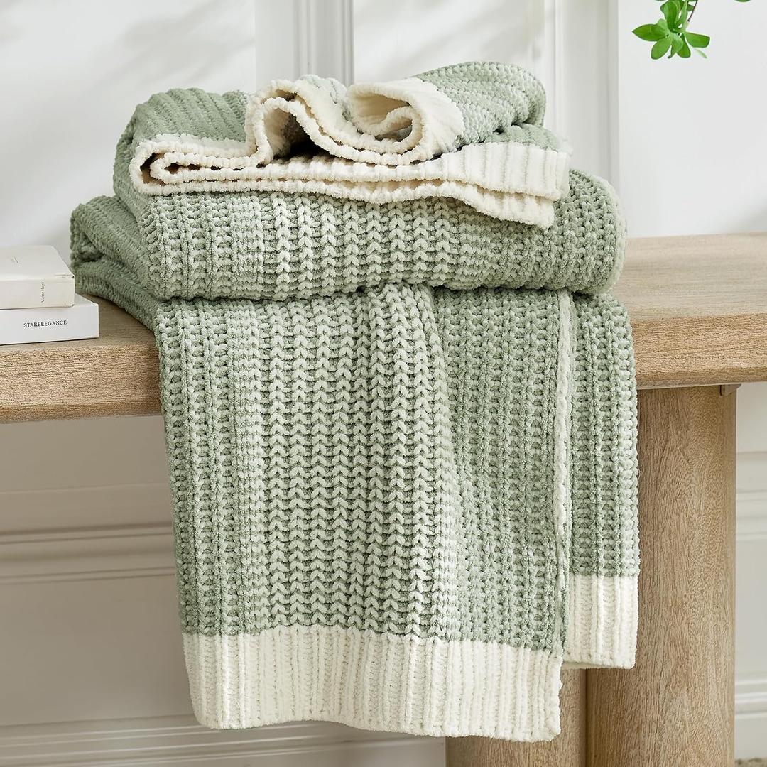 Amélie Home Premium Chenille Throw Blanket, Soft Cozy Luxury Two-Tone Knit Blanket for Couch, Sofa, Chair, Home Decor, Sage Green & Ivory 50"x60"