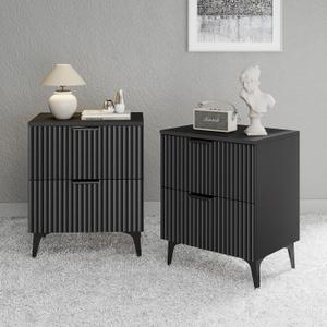Wood Night Stand Set 2 Fluted Dresser for Bedroom 2 Drawers End Tables Nightstands Set of 2, Storage Modern Bedside Table Set of 2, Black Nightstand, 22.64" x 11.81" x 16.93"