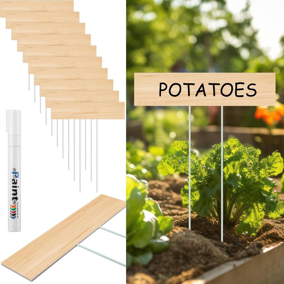 Vercraft 10 Set Jumbo Outdoor Plant Label Stakes Waterproof Nursery Garden Markers Plastic T Type Plant Tag Identification Stake with Marker Pen for Herb Vegetable Flowers, 12" High(Wood Color)