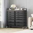 TOOLF 12 Drawers Rolling Storage Cart with Wooden Top for Classroom, Black