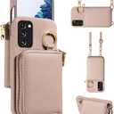 Wallet Case for Samsung Galaxy S20 FE 5G 6.5 inch Shoulder Strap Ring Buckle, Zipper Flip Organ Purse, Card Holder Phone Cover for S 20 EF UW 2022 S20FE5G S20FE 20S S2O Fan Edition 4G G5 Khaki