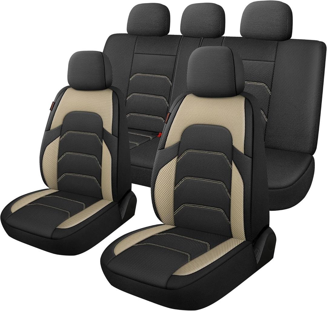 CAROMOP 3D Air Mesh Car Seat Covers Full Set,Breathable Seat Covers for Cars,Split Bench Compatible,Universal Fit for SUV,Vans,sedans, Trucks, Automotive Interior Covers(5-Seat Black/Beige)