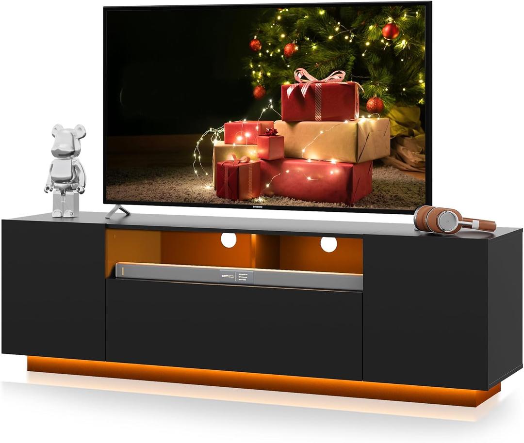WLIVE TV Stand for 65 Inch TV, Modern Entertainment Center with LED, 58" TV Console with Storage Cabinet, TV Stands for Living Room, Black