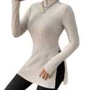 SOLY HUX Women's Long Sleeve Tops Casual Basic Turtle Neck Split Hem T-Shirts Fitted Tees White L (Beige, L)
