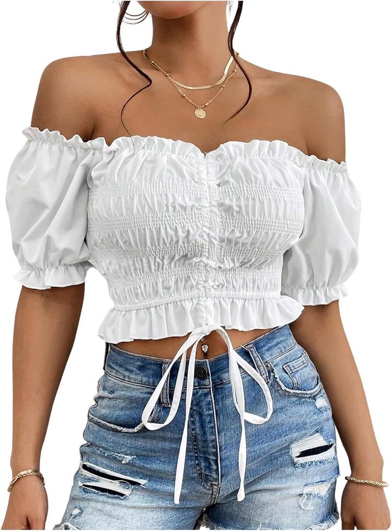 SweatyRocks Women's Y2k Off The Shoulder Crop Tops Ruched Ruffle Strapless Tube Top Streetwear (Medium, White)