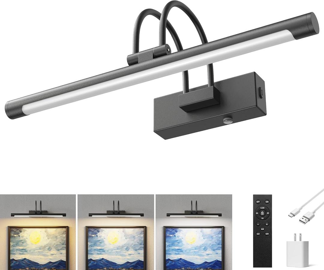 URSOLA 16 Picture Lights for Wall, 5200mAh Rechargeable Battery, Black Coldless Picture Light with Remote. 3CCT, Timer, Dimmer.