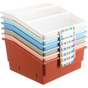 Lineshading 6 Pack Picture Book Organizer Bins with Dividers Large Plastic Book Holders with Labels Multi Purpose Classroom Organization Bins Storage Container (Boho Color,13.5 " X 13.5 " X 7.75")