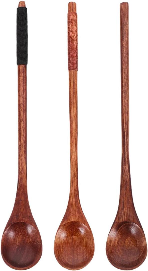 Unomor 3Pcs Long Handle Wooden Coffee Spoon Set Small Wooden Stirring Spoons for Coffee Tea Honey and Dessert Mixing Natural Material