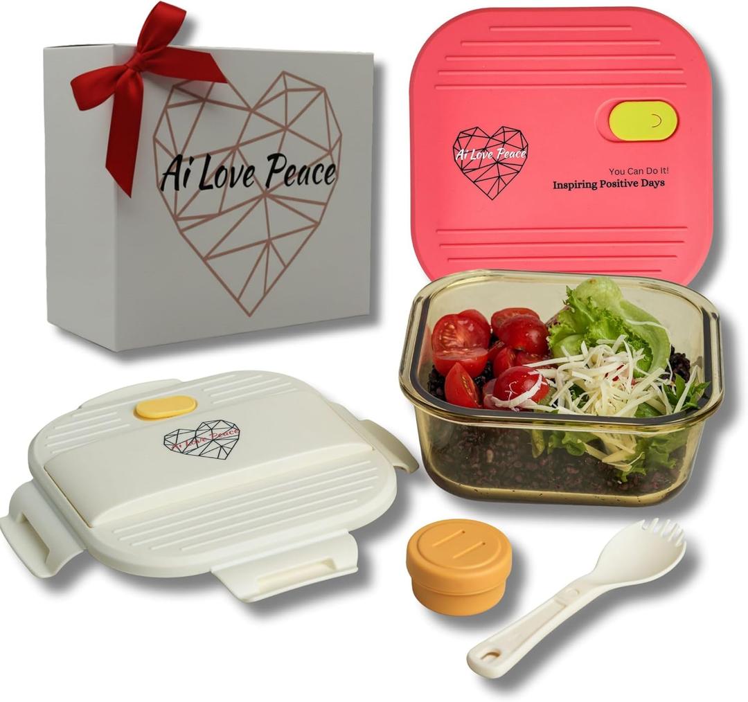 Ai Love Peace Soup Container with Dual Lids,26 oz Borosilicate Glass Lunch Box | Leakproof Lid+ Microwave &Safe Freezer Lid, Stackable,Glass Meal Prep Food Storage,Perfect for Work & Soup Lovers Gift. (White & Red)