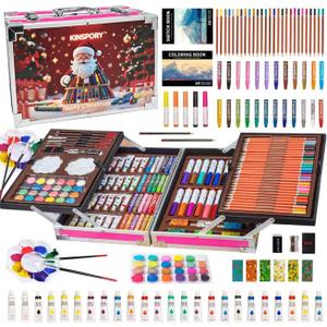 KINSPORY Art Supplies, 139 Pack Painting Drawing Art Kit with 2 Sketch Pads, Deluxe Double Layers Art Set Crafts, Colored Pencils, Oil Pastels, Watercolor Paints, Colored Markers for Kids (Red)