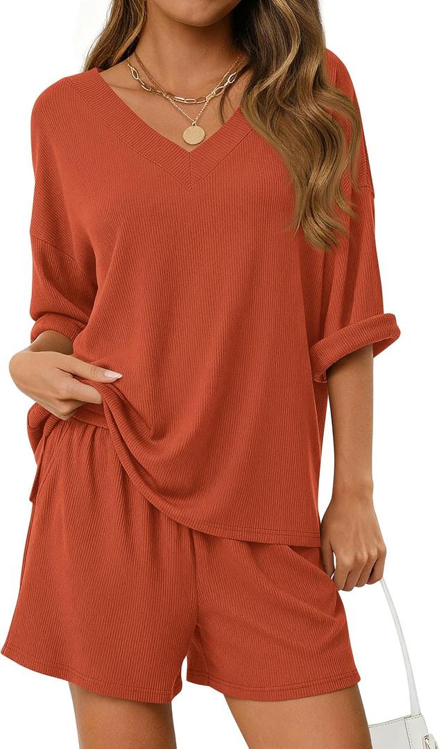 PRETTYGARDEN Womens 2 Piece Sets 2026 Oversized Vneck Half Sleeve Tops Shorts Lounge Set Casual Summer Travel Beach Outfits (Orange, S)