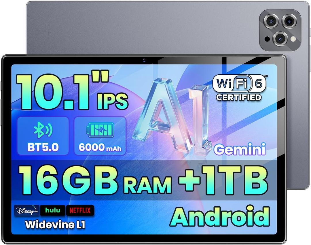 2026 Android 15 Tablet with Gemini AI,16GB+1TB Expand, 10.1 inch Tablet,Octa-core CPU, Dual Camera, WiFi6, 6000mAh,Widevine L1,Split Screen,Family & Work,mothers day birthday gift mom her (Gray)