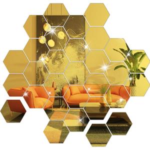 DIY Wall Decals Acrylic Mirror Sticker Set 36 Pcs, Hexagon Mirror Wall Stickers for Living Room Bedroom Decor (Gold) (10*8.5*5cm)