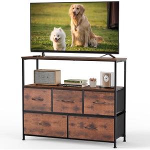 DUMOS TV Stand, Dresser with 5 Fabric Storage Drawers, Media Console Featuring Open Shelf for TV, Compact Entertainment Unit for Bedroom, Living Space, or Dorm Organization, Brown, 39.4"D x 11.8"W x 31.5"H