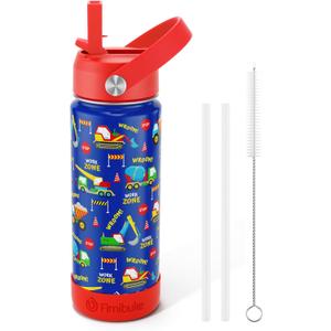 Fimibuke Kids Insulated Water Bottle, 18oz BPA FREE 18/8 Stainless Steel Kids Cup with Straw Travel Tumbler Double Wall Vacuum Leak Proof Toddler Water Bottle for School Boys Girls(1 Pack, Trucks)