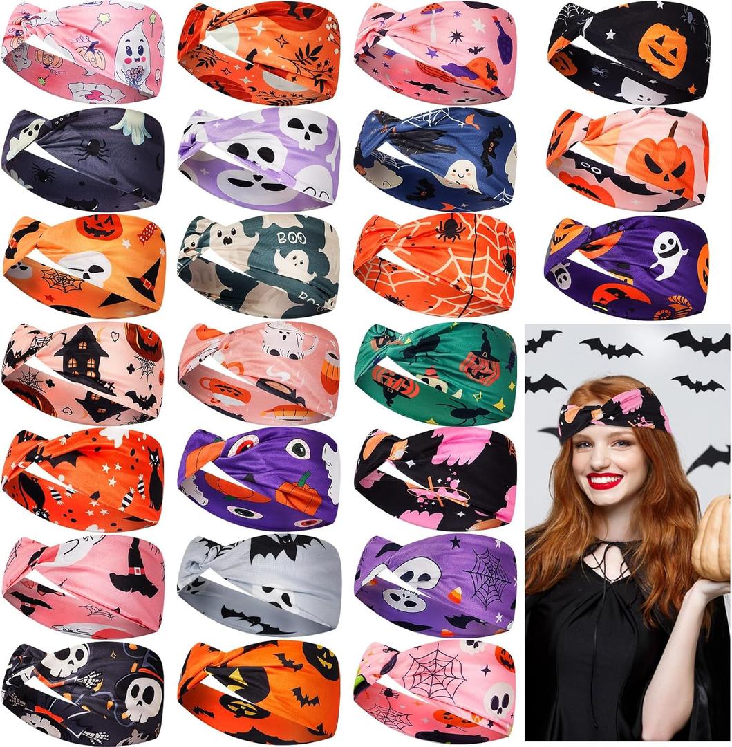 24 Pcs Halloween Headbands for Women Pumpkin Bat Ghost Wide Knotted Hairband Elastic Knot Hair Wraps Ghost Workout Head Wraps Halloween Festive Gift Hair Accessories