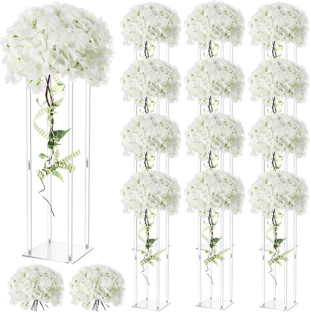 Geetery Tall Acrylic Wedding Flower Stand Centerpieces Clear Elegant Vase Column Stand with Artificial Hydrangea Flowers for Wedding Party Table Home Decorations(12 Pcs,20 Inch)