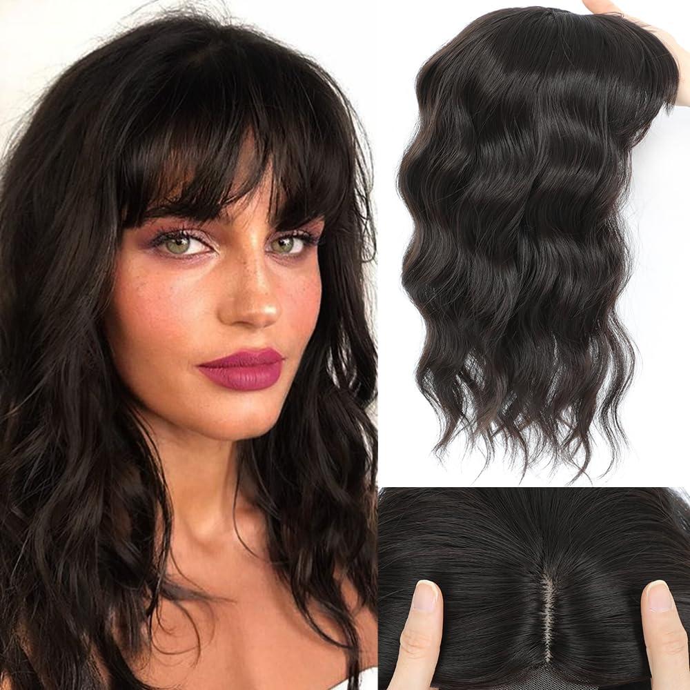 Hair Toppers for Women with Thinning, 16 Inch Toppers Hair Pieces for Women Wispy Part Clip in Bangs 360 3D Curly (Natural Black, 3D Wispy Bangs 16Inch wave hair)
