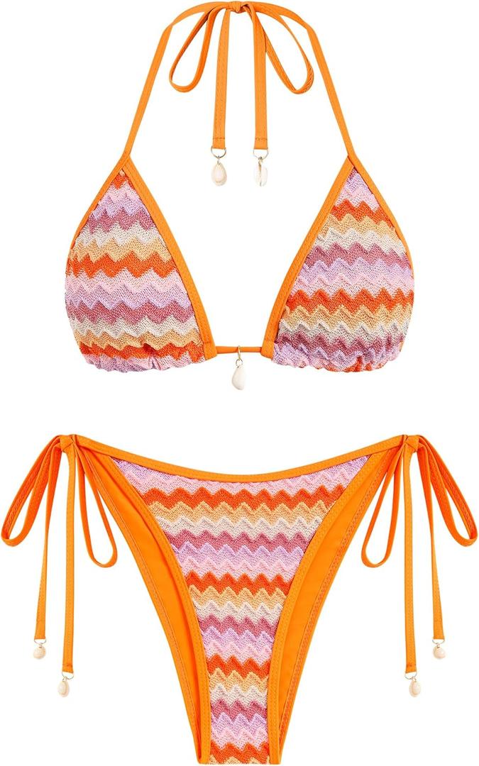 ZAFUL Women's Colorblock Stripes Triangle Halter Tied Cheeky Thong Bikini Set High Cut Two Piece Bathing Suit (S, 2-orange)