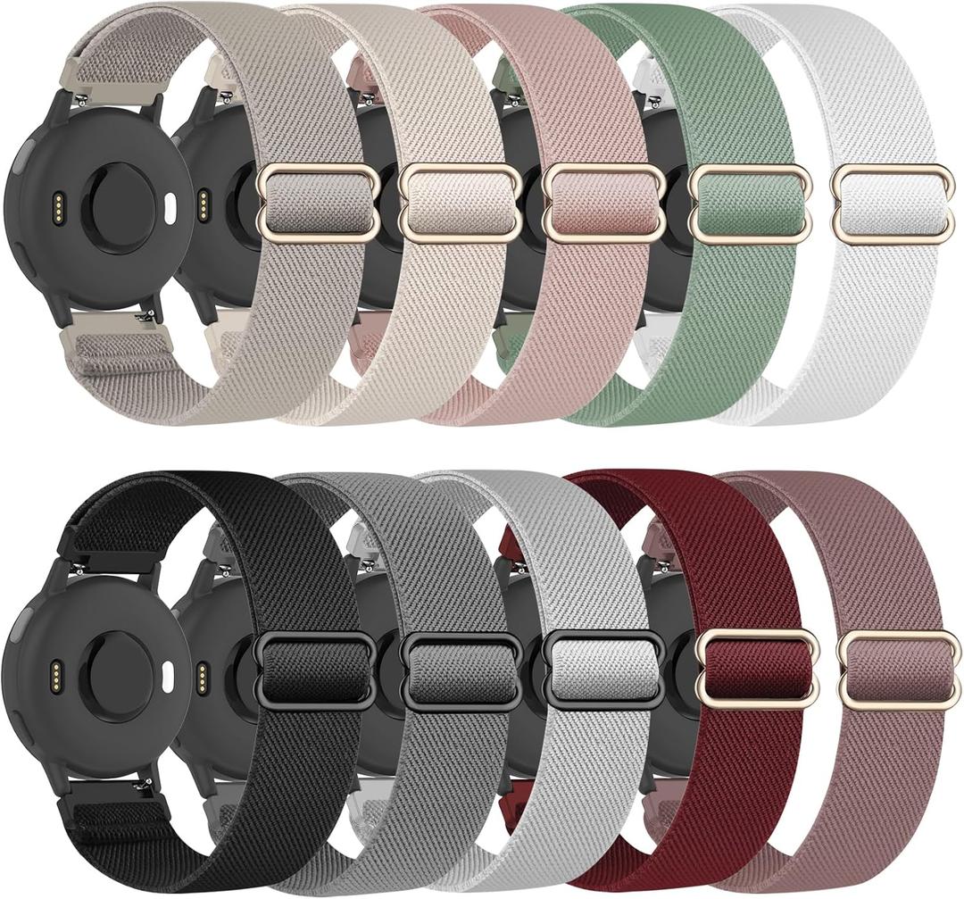 Compatible with Garmin Vivoactive 5 Band 20mm, Vivoactive 6/3, 10 Pack Nylon Watch Bands for Garmin Forerunner 165/55/245/Venu/Venu Sq/Venu 2 Plus Soft Stretchy Replacement Strap for Women Men