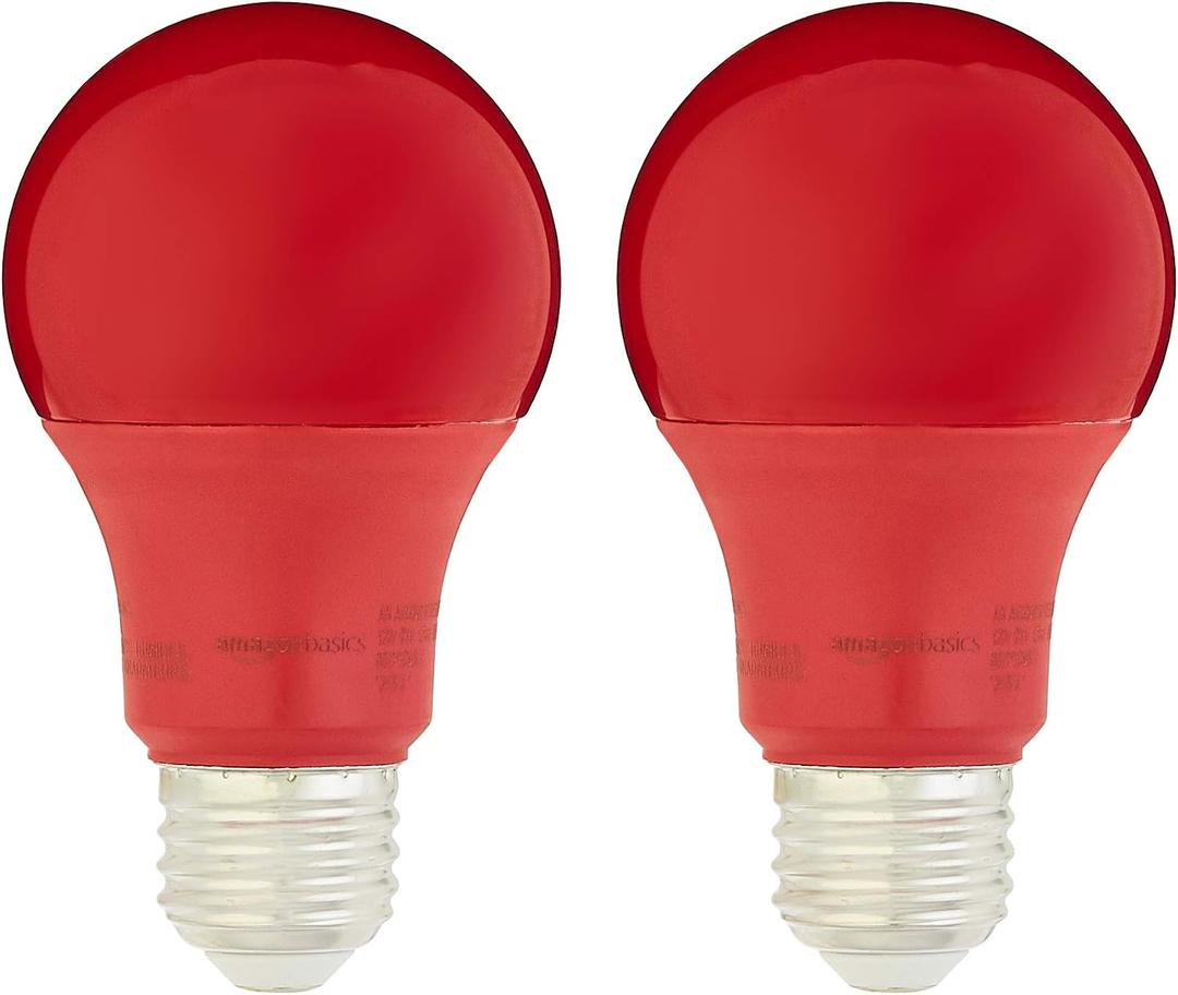 Amazon Basics A19 Red Color Party LED Light Bulbs, 60W Equivalent, 9W Energy Efficient, E26 Standard Base, Non-Dimmable, 10,000 Hour Lifetime, 2-Pack