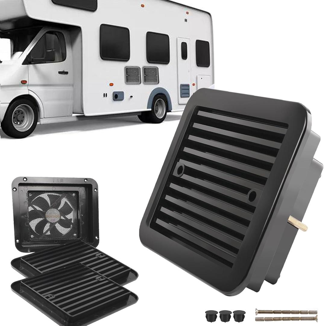 AUTOXBERT RV Exhaust Vent Fan, 2.4W 12V One-Way Silent Wind Air Ventilation Fan for Caravan, Motorhome, Camper, Black (with interior panel)