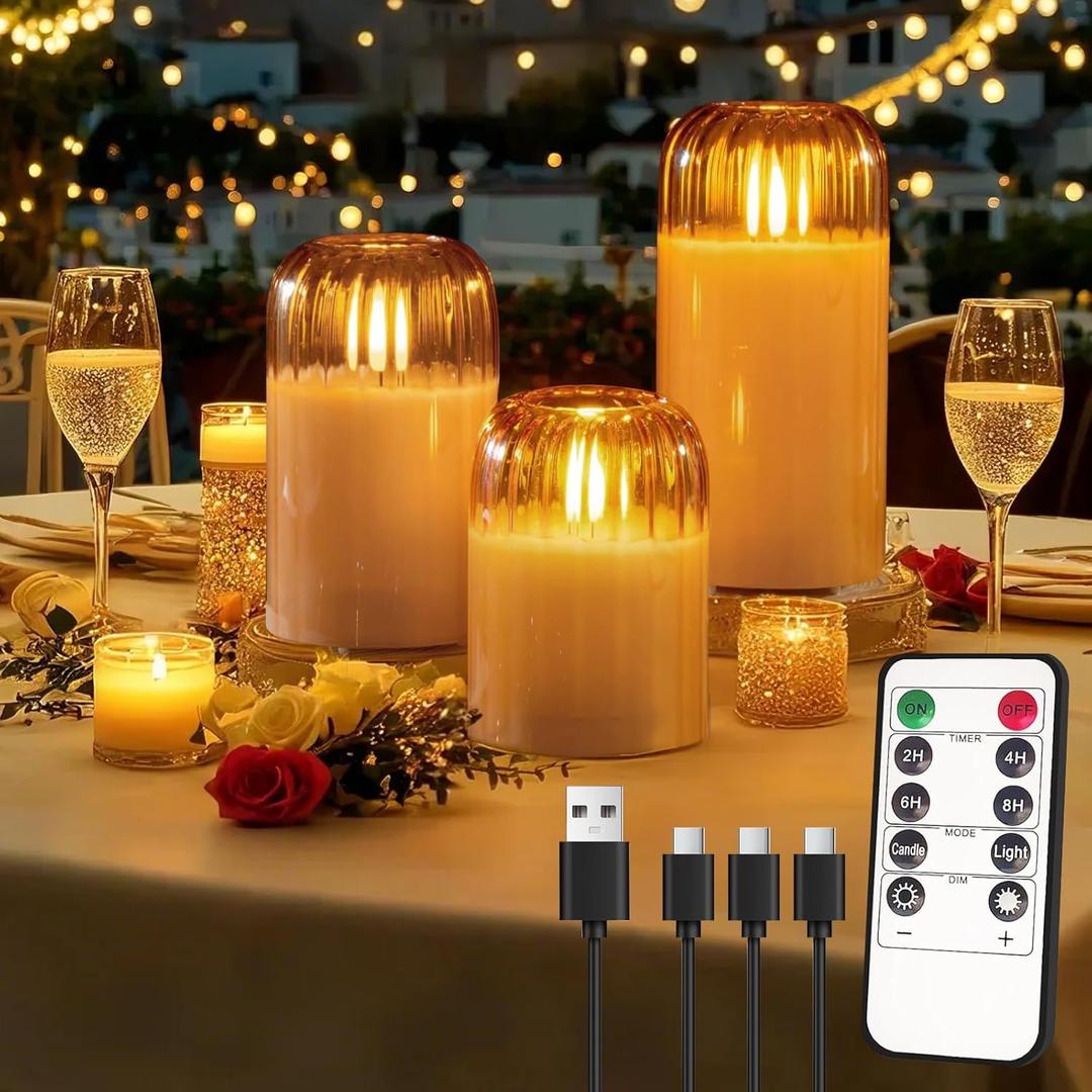 Rechargeable Jar Flameless Candle, Flashing LED Pillar Halloween Candle with Remote Control and Timer, Gold Pumpkin Glass Electronic Candles for Room Decoration, 1 Set of 3
