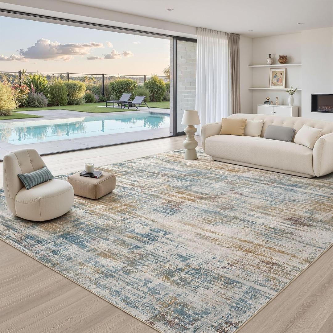 12x15 Area Rug for Living Room: Extra Large Neutral Abstract Carpet Modern Soft Low Pile Non-Slip Stain Resistant Washable for Open Floor Plan Bedroom Dining Office Indoor Decor Blue Brown