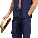 URRU Mens 2 Piece Linen Outfit Summer Beach Short Sleeve Button Down Shirt and Pants Set (XX-Large, Navy Blue)