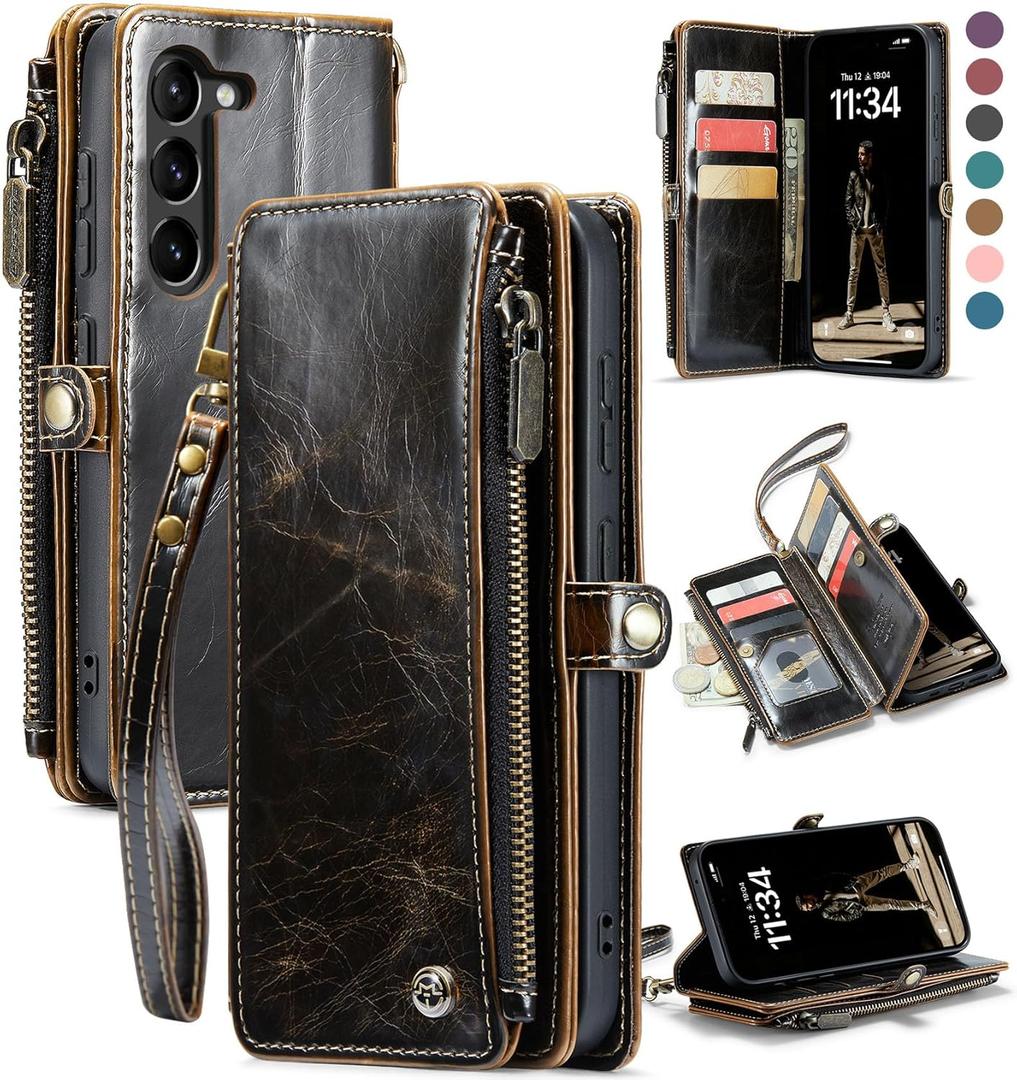 Defencase Samsung Galaxy S23 Plus Wallet Case, Luxury Coffee PU Leather, Magnetic Flip Strap, Zipper Card Holder, 10 Card Slots, Compatible with Wireless Charging & Kickstand, Unisex