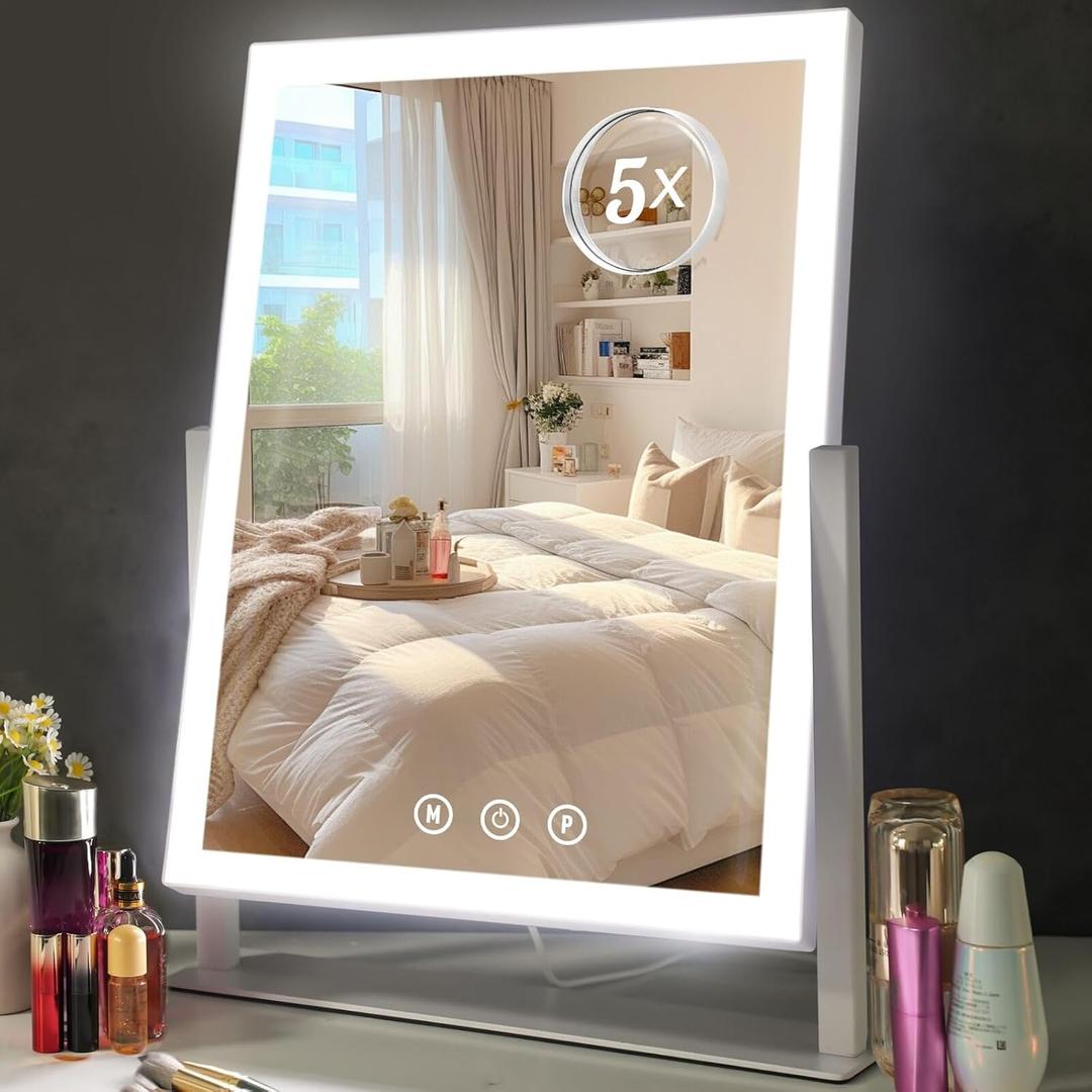 ViKert Light up Makeup Mirror for Vanity, Desk Mirror with Light with 5X Magnification Mirror, Light up Vanity Mirror, Led Mirror for Desks, Makeup Vanity Mirror, 3 Color, Touch Control