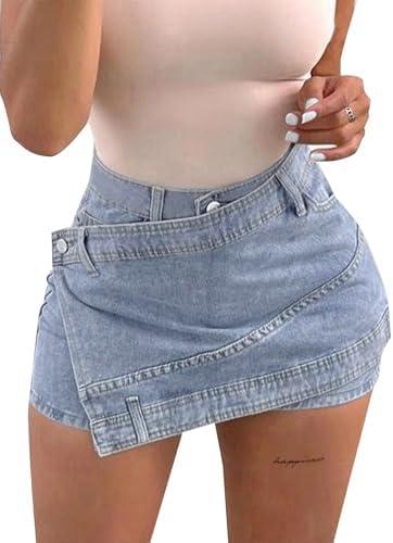 Avanova Women Denim Mini Skirt Jean Skort Sexy High Waisted Asymmetrical Stretch Short Skirts, Medium