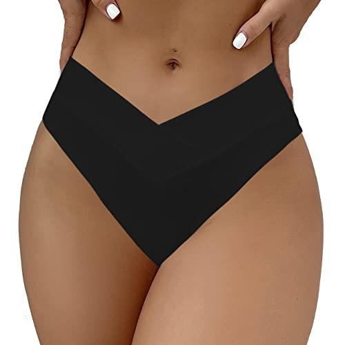 SherryDC Women's V Cut High Waisted Bikini Bottom High Leg Cut Swimsuit Bathing Suit Bottoms Black Large