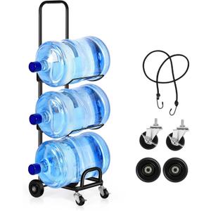5 Gallon Water Bottle Jug Holder 3 Tier Movable Water Jug Dispenser Stand with 4 Wheels Heavy Duty Foldable Water Bottle Organizer Rack Cart with Lockable Casters for Living Room Office, Black