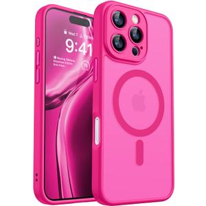 CANSHN Magnetic Compatible with iPhone 16 Pro Case, Upgraded [Full Camera Protection] [Compatible with Magsafe] [Translucent Matte] Shockproof Protective Phone Case Cover 6.3 Inch - Hot Pink