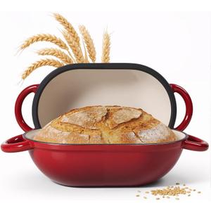 2 QT Oval Dutch Oven for Bread Baking, Enamelled Cast Iron Bread Oven for Sourdough, Sourdough Loaf Pan with Lid, Heavy-Duty Non Stick Bread Pan for Homemade Bread Baking, Red