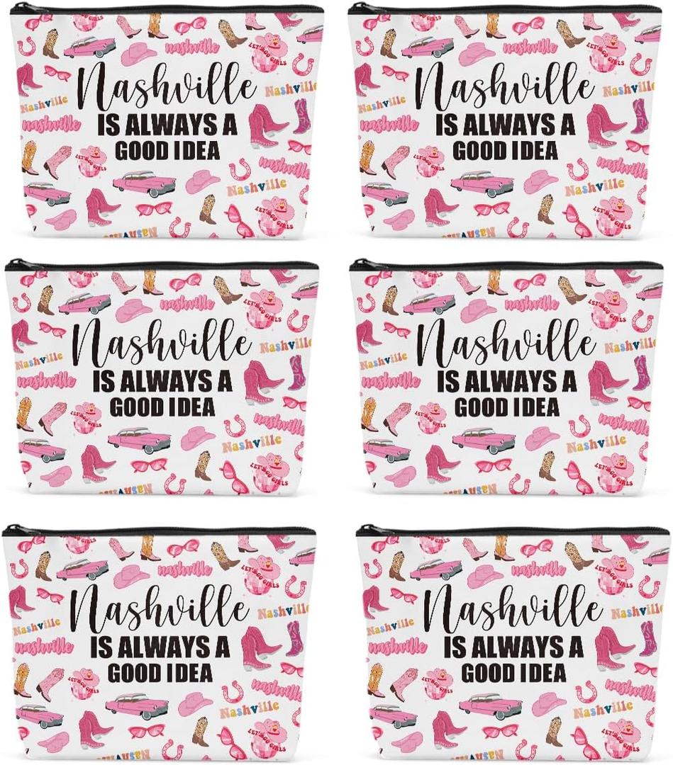 6PCS Nashville Travel Makeup Bag Nashville Themed Girls Trip Gifts Favors Nashville Travel Lover Gifts for Women Her Travel Cosmetic Bag for Holiday Trip Vacation
