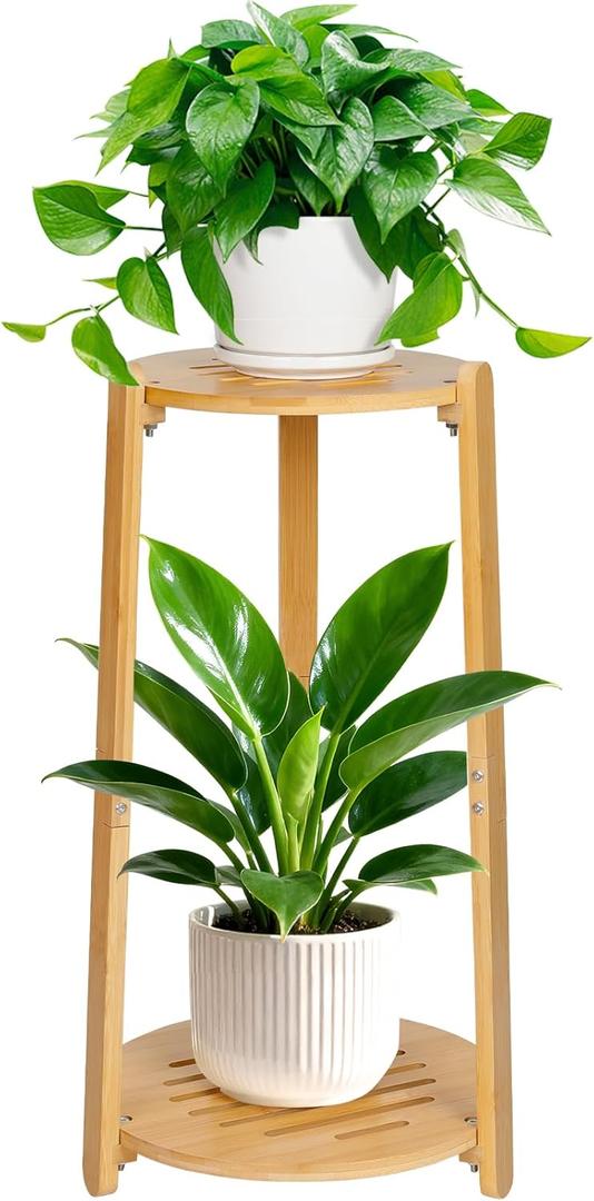 2 Tier Round Bamboo Plant Stands Shelf Indoor , Wooden Corner Flower Pot Stands Shelf, Tall Plant Pedestal Holder Rack in Living Room Patio Balcony Outdoor, D12 H23.6 Inch