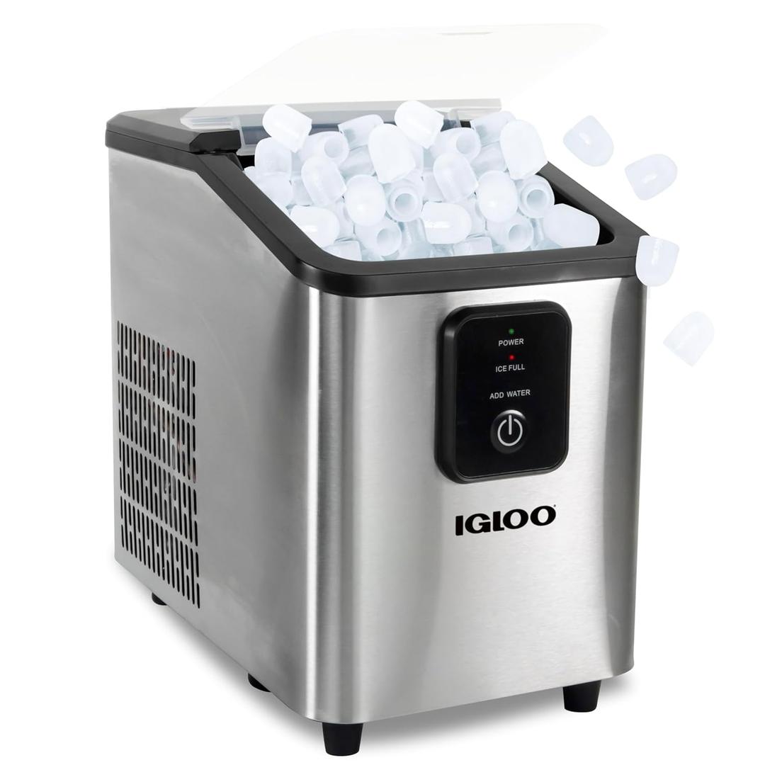 Igloo Portable Ice Maker with Scoop - Countertop Ice Maker with LED Control Panel & 1.5 Quart Water Tank - Ice Cube Maker Produces 26 Lbs. of Ice in 24 Hours with 9 Large or Small Cubes in 7 Minutes (Stainless Steel)