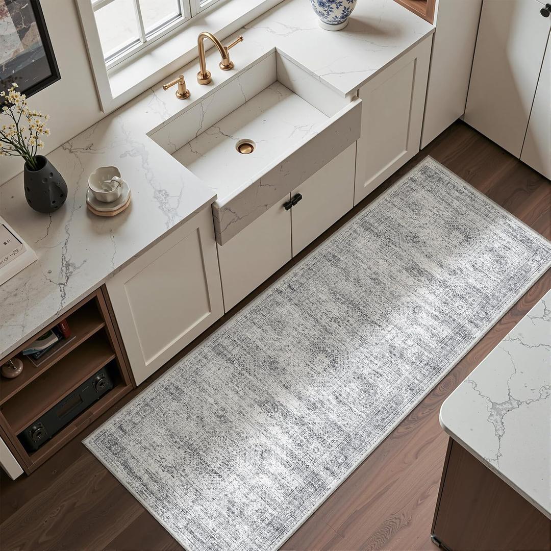 2x5 Rug Runner Washable for Entryway, Soft Bathroom Rugs with Non-Slip Backing, Abstract Low Pile Hallway Runner, Vintage Small Kitchen Carpet for Stair, Laundry Room(2'x5', Grey/Ivory)